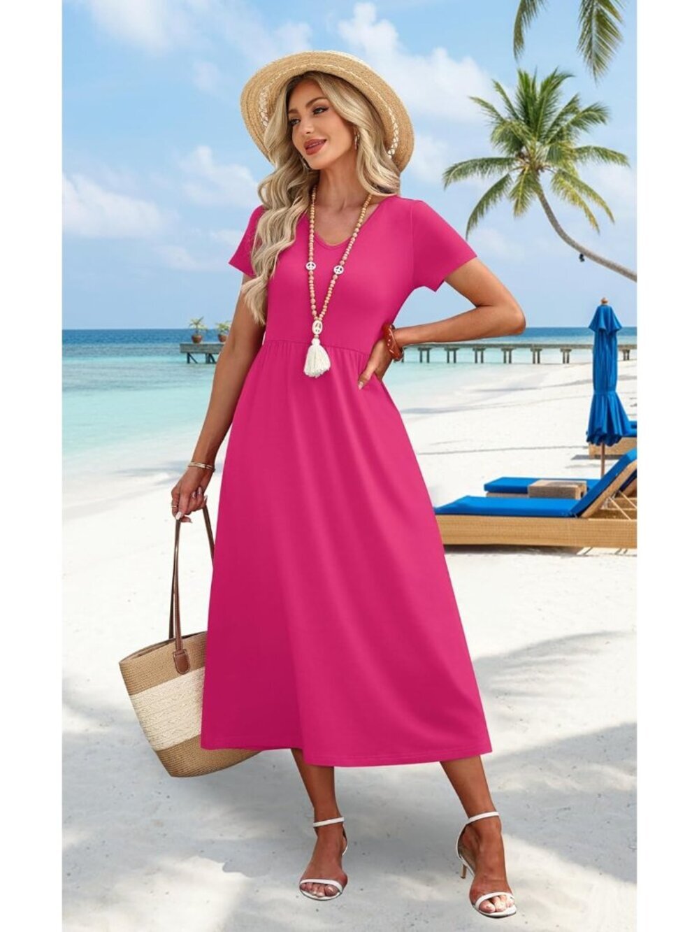 Women's Solid Pink Flowy Casual A Line Midi Beach Sundresses With Pocket - Picture 2 of 5